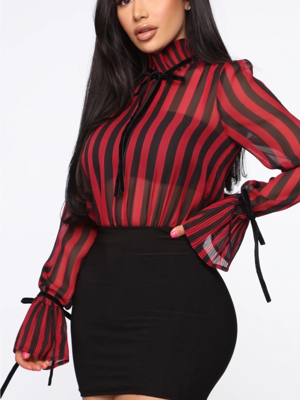 Sheer Red & Black Striped Tie-Neck and Wrist Blouse. Size XL